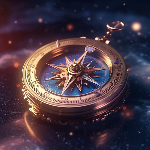 A compass with its needle pointing towards a love symbol set against a starry sky, indicating the guidance required to navigate a Twin Flame journey.
