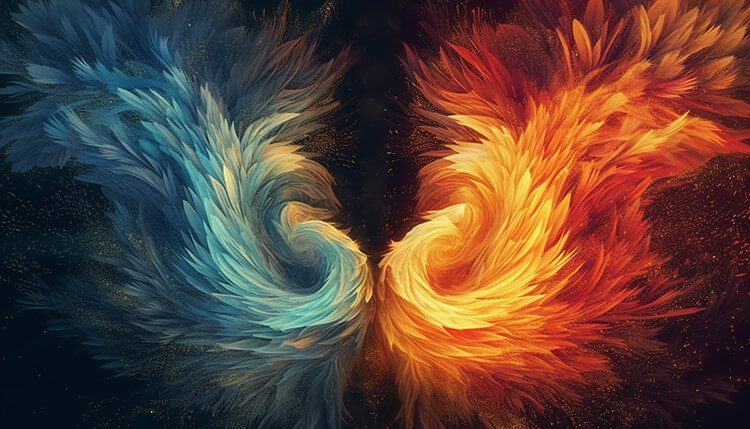 A surrealistic image of two flames merging into one against a cosmic background, representing the spiritual concept of Twin Flames.