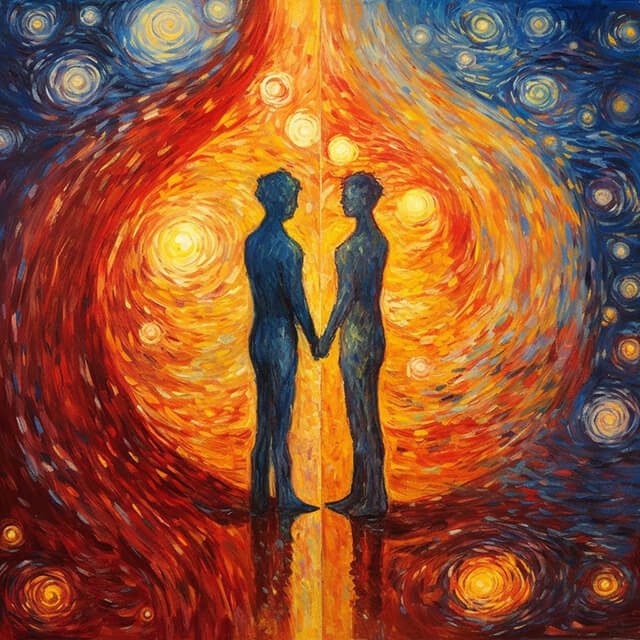 "Image of two figures with glowing hearts standing face-to-face, surrounded by symbolic signs of having met your Twin Flame.