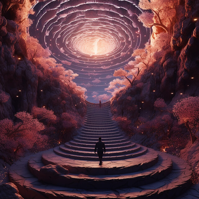 An intricate path spiraling upwards through various landscapes, each symbolizing a different stage of the Twin Flame journey