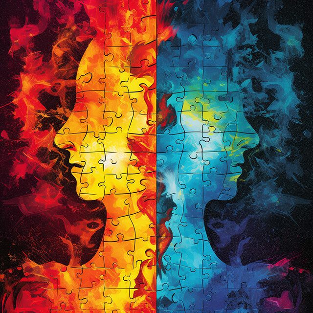 A modern, abstract art image contrasting Twin Flames and soul mates. Twin Flames are represented by two mirroring flames, while soul mates are depicted as two fitting puzzle pieces.