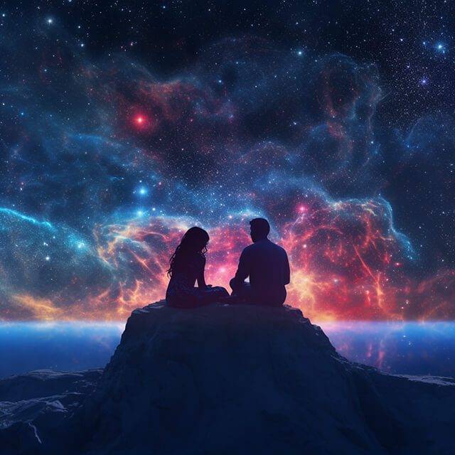 Two figures sitting peacefully under a cosmic sky, representing the harmonious union of Twin Flames.