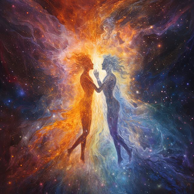 A high-resolution surrealistic art image representing the unity of Twin Flames, depicted as two ethereal figures merging into one against a vibrant cosmic galaxy backdrop.