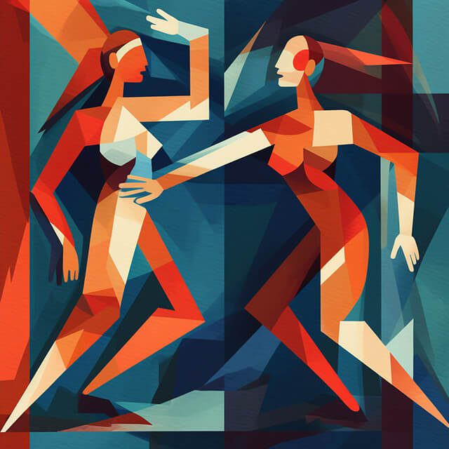 A dynamic, cubist image showing one figure reaching out towards another figure moving away, illustrating the runner-chaser dynamic in Twin Flame relationships.