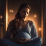 Pregnant woman meditating, surrounded by glow, practicing birth affirmations.