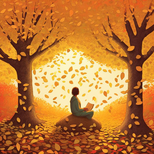 Person sitting under a tree with affirmations as falling leaves, representing the calming effect of abundance affirmations.
