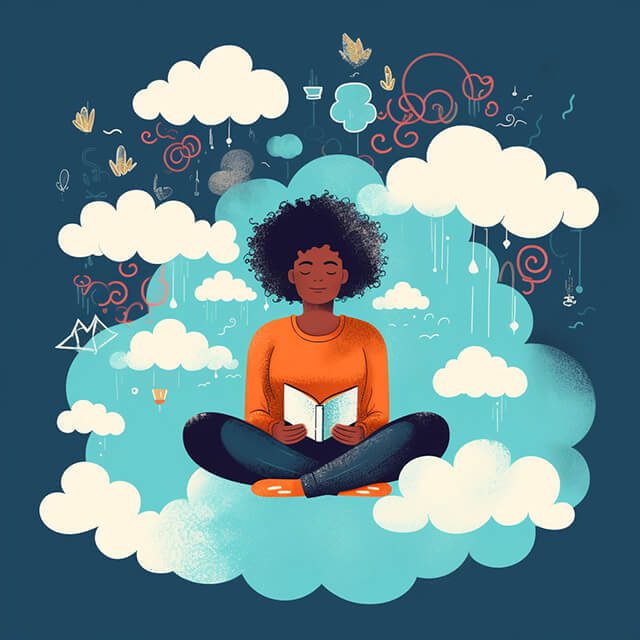 Person meditating, with affirmations floating around them like a cloud, representing the technique of implementing abundance affirmations.