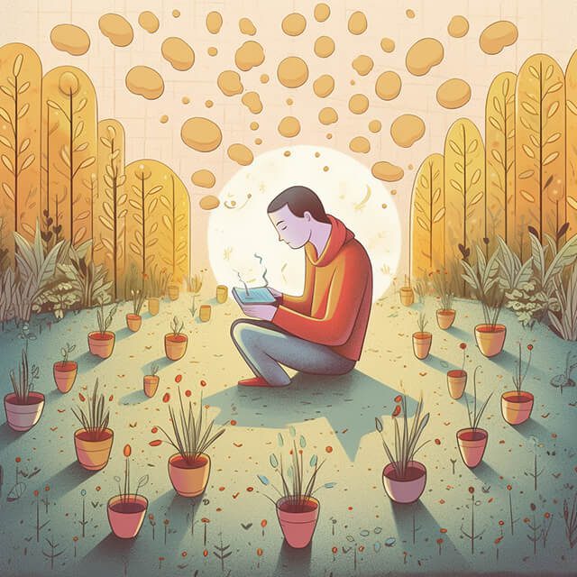 Person planting seeds in a garden, each seed inscribed with a different affirmation, symbolizing the process of using abundance affirmations.