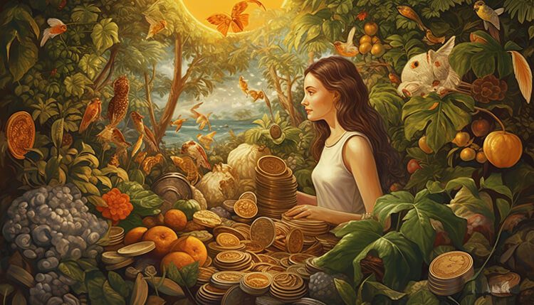 Person standing at the edge of a cornucopia overflowing with symbols of wealth and abundance, representing the concept of abundance affirmations