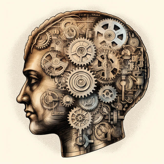Illustration of a brain with gears turning inside, each gear etched with a positive affirmation, demonstrating the science behind abundance affirmations.