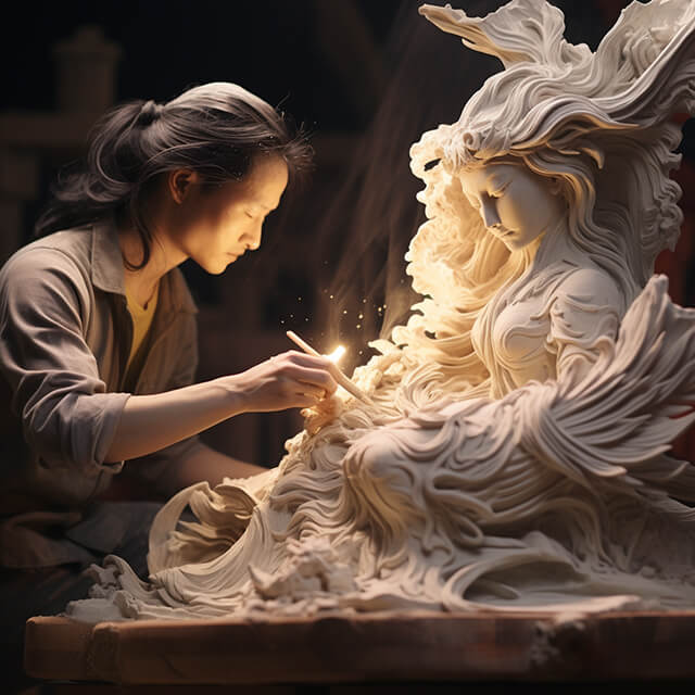 A person sculpting a radiant, ethereal statue, illustrating the process of sculpting life with Life Path Number 22