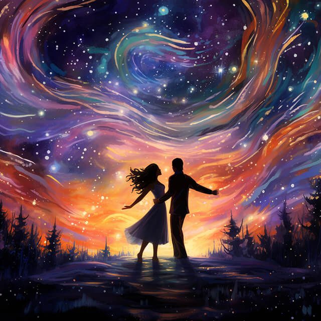 A couple dancing under a starry sky, surrounded by a radiant aura, representing the dance of love with Life Path Number 22