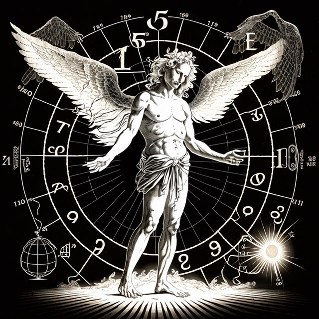 Symbols and numbers floating around a human figure, illustrating angelic communication through symbolism.