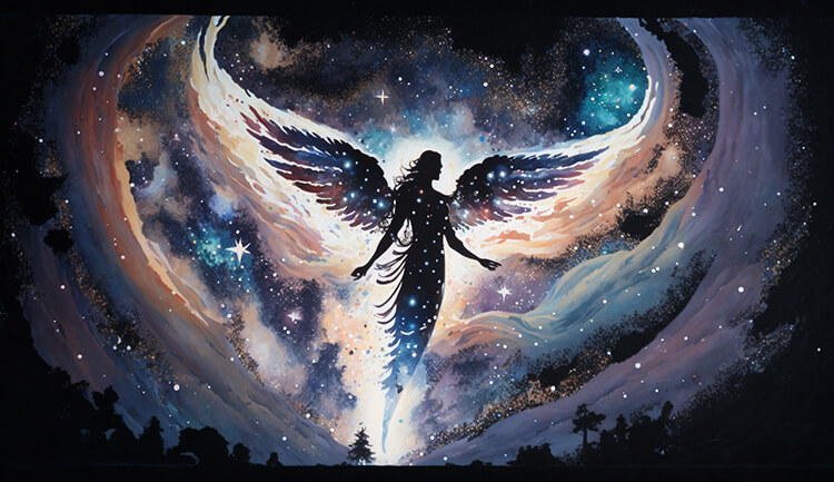 An angel ascending into a star-filled sky, representing the celestial nature of 'What are angels?