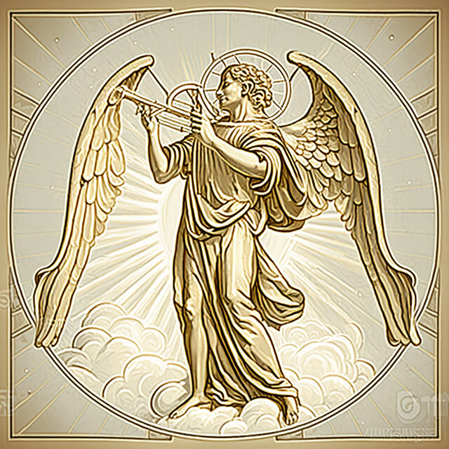 Gabriel, the messenger angel, blowing a golden trumpet.
