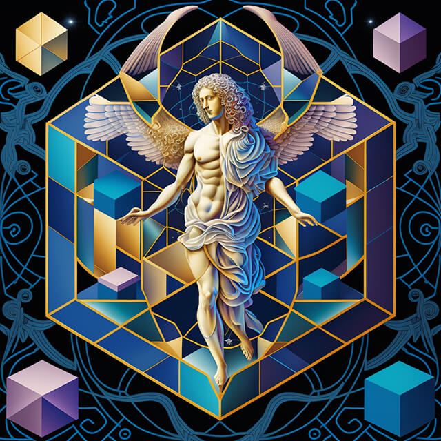 Metatron, the scribe of angels, surrounded by geometric patterns.