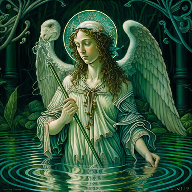 Raphael, the healing angel, surrounded by a green healing light.