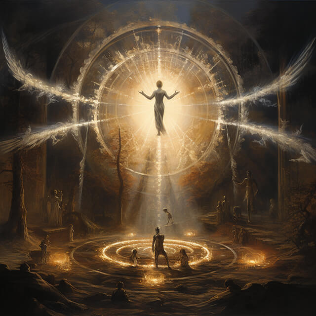 A human figure in a circle of glowing symbols, demonstrating rituals and ceremonial magic for communicating with angels.