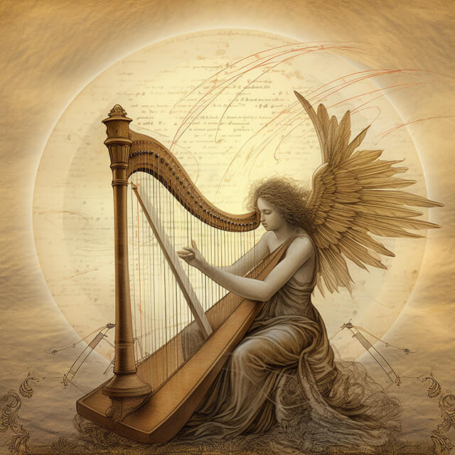 Sandalphon, the harmony of angels, playing a celestial harp.
