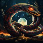 A surreal dreamscape with a giant snake spiraling around a moonlit tree under a starry sky, representing the ethereal realm of snakes in dreams.