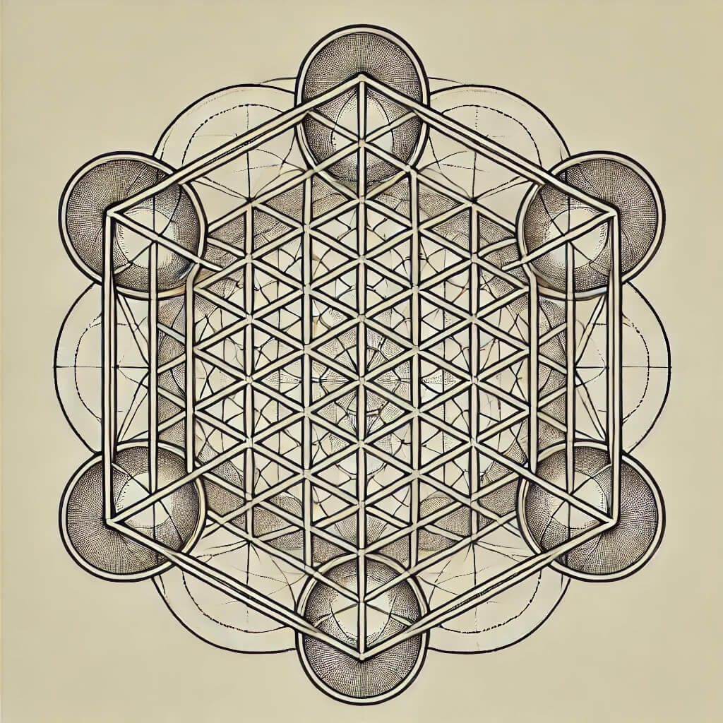 Metatron's Cube, a complex geometric figure containing all five Platonic solids, symbolizing balance and the structure of the universe